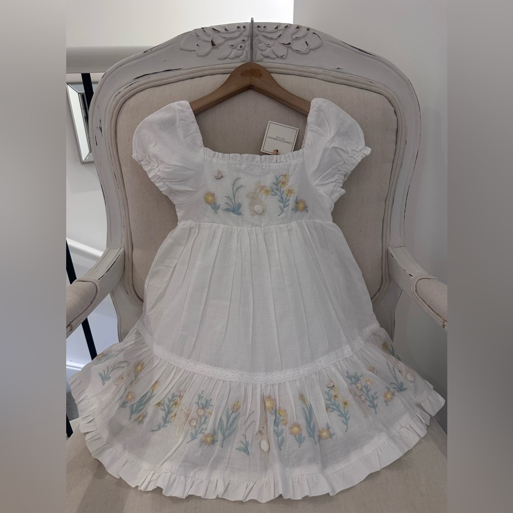 🤍 4T 100% Cotton Floral Embroidered Puff Sleeve Spring Bunny Toddler Dress NWT